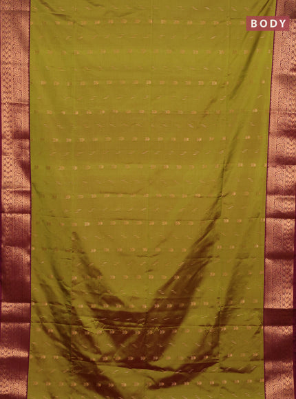Semi soft silk saree mehendi green and maroon shade with allover zari woven buttas and zari woven border