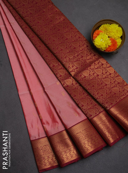 Semi soft silk saree peach pink and maroon with allover zari woven buttas and zari woven border