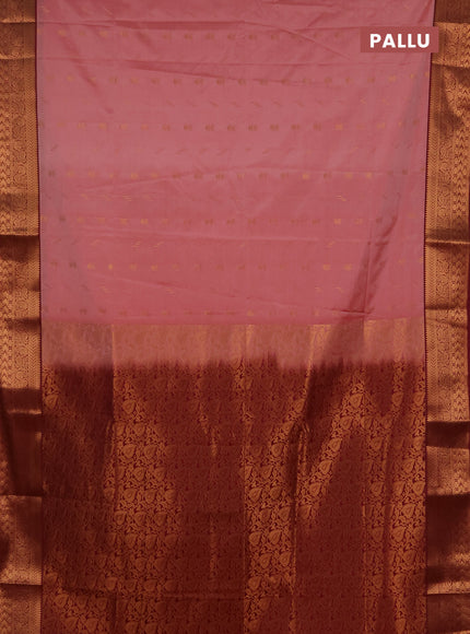 Semi soft silk saree peach pink and maroon with allover zari woven buttas and zari woven border
