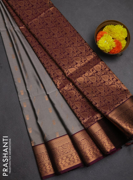 Semi soft silk saree grey and wine shade with allover zari woven buttas and zari woven border