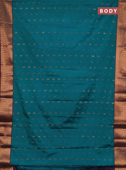 Semi soft silk saree teal green and wine shade with allover zari woven buttas and zari woven border