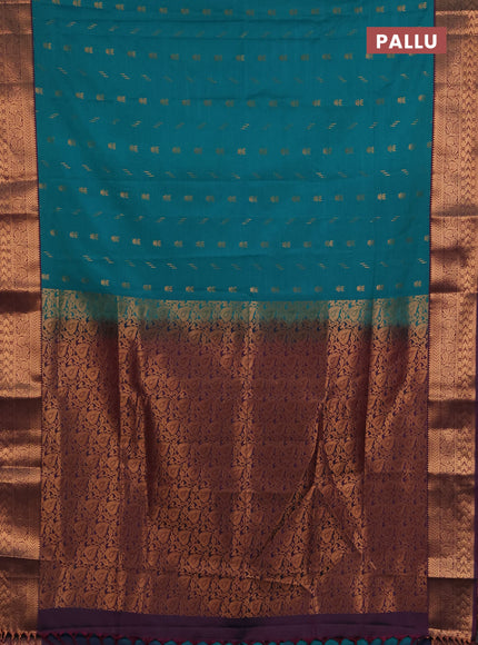 Semi soft silk saree teal green and wine shade with allover zari woven buttas and zari woven border