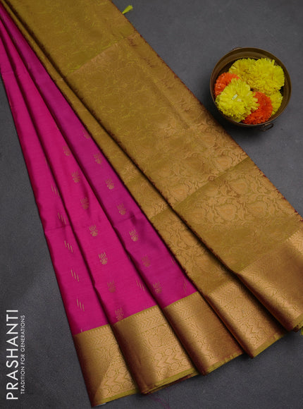 Semi soft silk saree pink and lime green with allover zari woven buttas and zari woven border