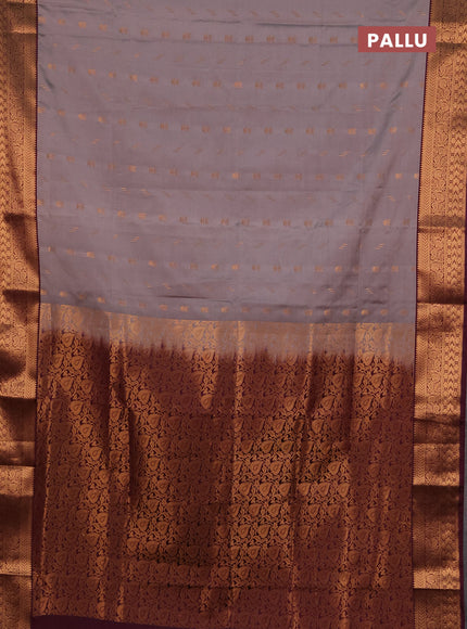 Semi soft silk saree grey and wine shade with allover zari woven buttas and zari woven border