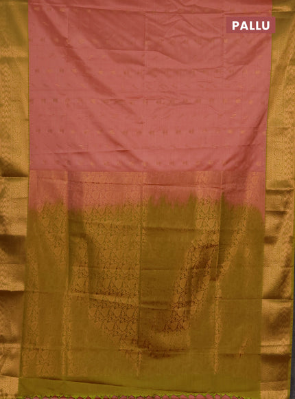 Semi soft silk saree peach shade and lime green with allover zari woven buttas and zari woven border
