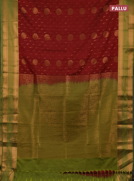 Semi soft silk saree maroon shade and green with allover zari woven buttas and zari woven border