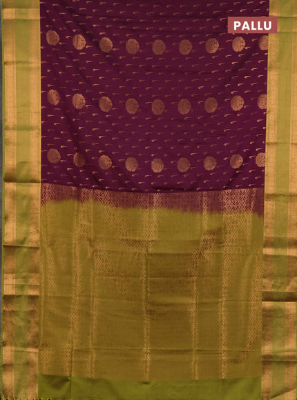 Semi soft silk saree wine shade and green with allover zari woven buttas and zari woven border