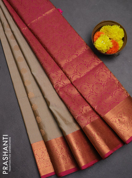 Semi soft silk saree beige and pink with allover zari weaves & buttas and zari wovne border