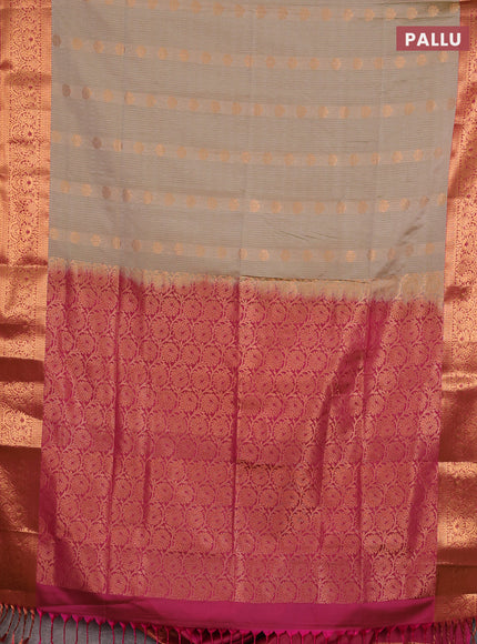 Semi soft silk saree beige and pink with allover zari weaves & buttas and zari wovne border