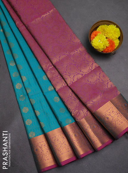 Semi soft silk saree teal green and dual shade of pink with allover zari weaves & buttas and zari wovne border