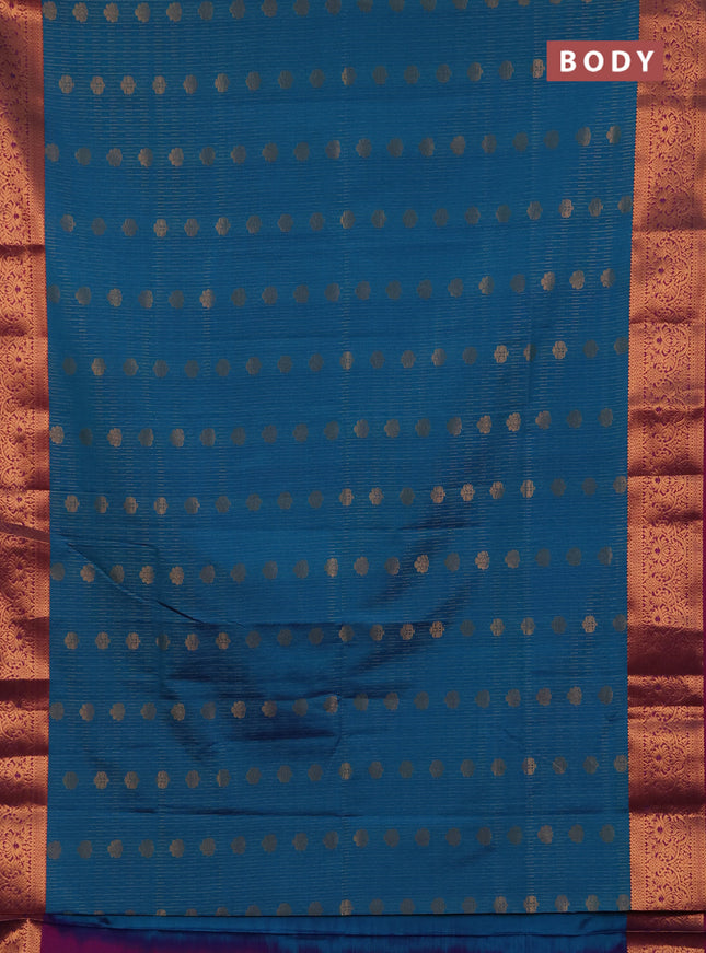 Semi soft silk saree teal blue and purple with allover zari weaves & buttas and zari wovne border