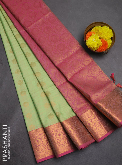 Semi soft silk saree mild pista green and pink with allover zari weaves & buttas and zari wovne border