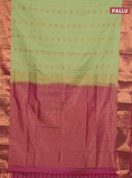 Semi soft silk saree mild pista green and pink with allover zari weaves & buttas and zari wovne border