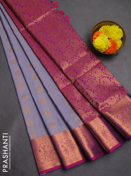 Semi soft silk saree bluish grey and magenta pink with allover zari weaves & buttas and zari wovne border