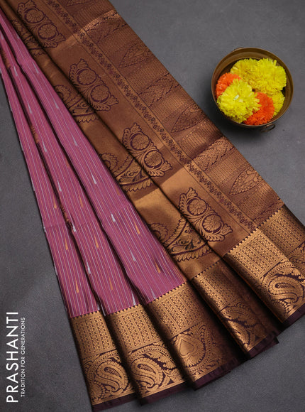 Semi soft silk saree onion pink and deep wine with allover silver & gold zari stripes & buttas and zari woven border