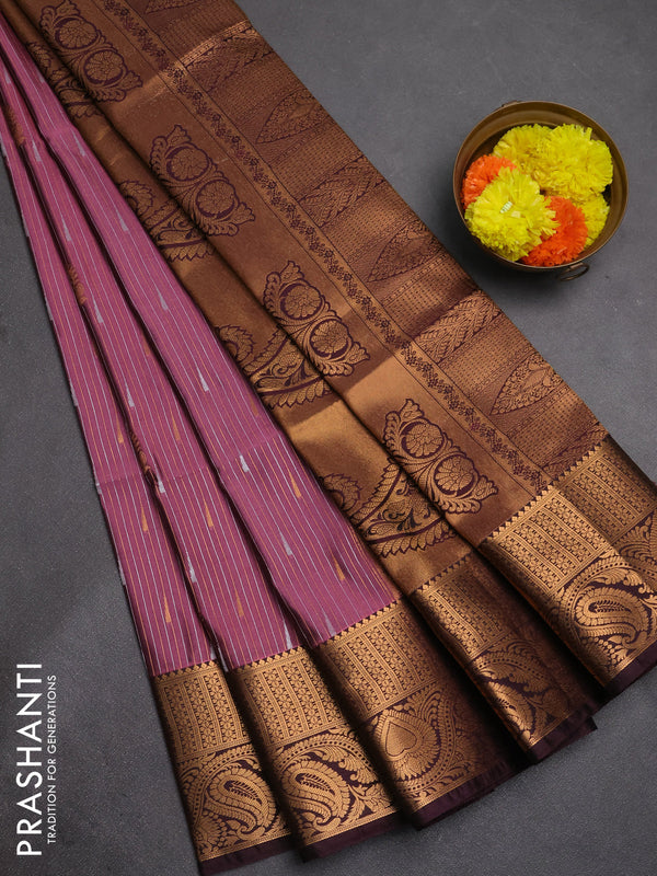 Semi soft silk saree onion pink and deep wine with allover silver & gold zari stripes & buttas and zari woven border