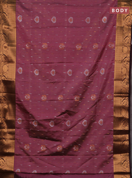 Semi soft silk saree onion pink and deep wine with allover silver & gold zari stripes & buttas and zari woven border
