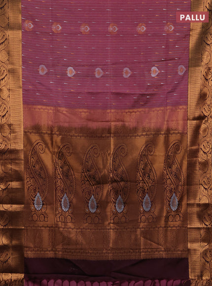 Semi soft silk saree onion pink and deep wine with allover silver & gold zari stripes & buttas and zari woven border