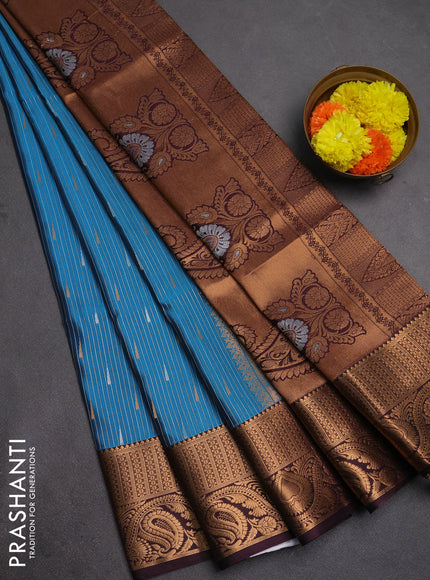 Semi soft silk saree cs blue and deep wine with allover silver & gold zari stripes & buttas and zari woven border