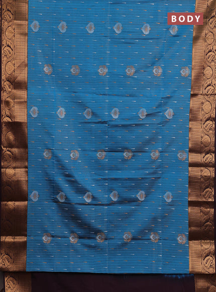 Semi soft silk saree cs blue and deep wine with allover silver & gold zari stripes & buttas and zari woven border