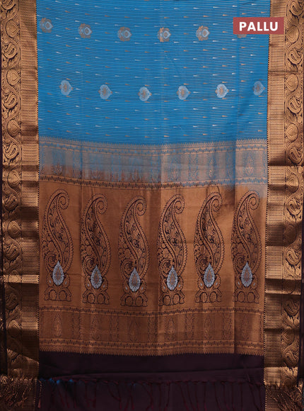 Semi soft silk saree cs blue and deep wine with allover silver & gold zari stripes & buttas and zari woven border