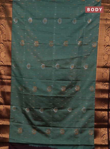 Semi soft silk saree green shade and deep wine with allover silver & gold zari stripes & buttas and zari woven border