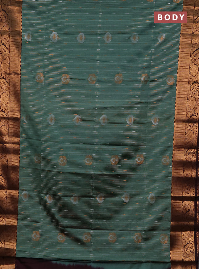 Semi soft silk saree green shade and deep wine with allover silver & gold zari stripes & buttas and zari woven border