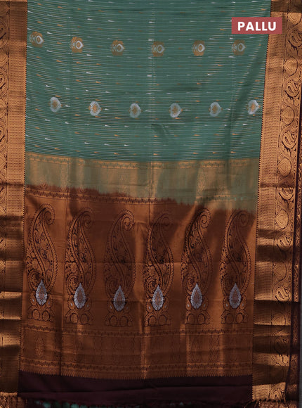 Semi soft silk saree green shade and deep wine with allover silver & gold zari stripes & buttas and zari woven border