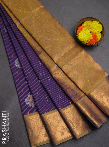 Semi soft silk saree deep purple and daul shade of mustard yellow with allover silver & gold zari stripes & buttas and zari woven border