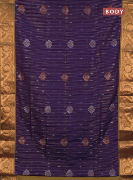 Semi soft silk saree deep purple and daul shade of mustard yellow with allover silver & gold zari stripes & buttas and zari woven border