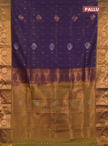 Semi soft silk saree deep purple and daul shade of mustard yellow with allover silver & gold zari stripes & buttas and zari woven border
