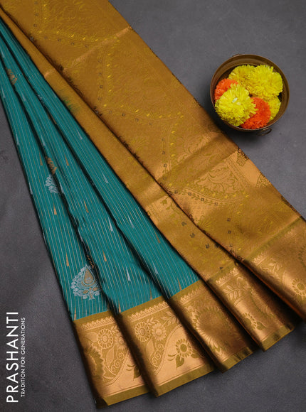 Semi soft silk saree teal green and mustard green with allover silver & gold zari stripes & buttas and zari woven border