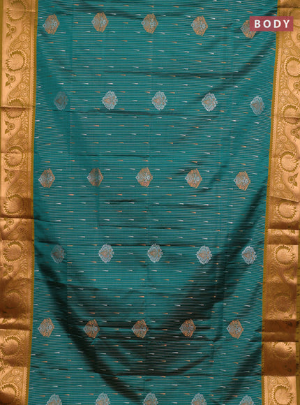 Semi soft silk saree teal green and mustard green with allover silver & gold zari stripes & buttas and zari woven border