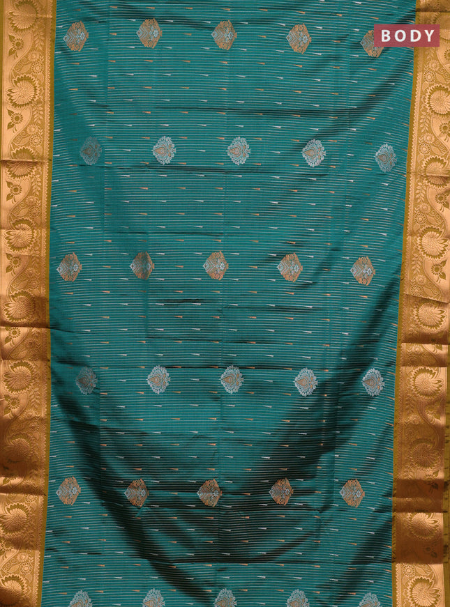 Semi soft silk saree teal green and mustard green with allover silver & gold zari stripes & buttas and zari woven border