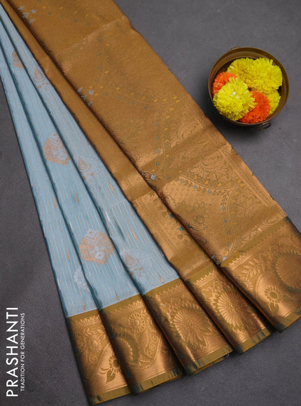 Semi soft silk saree pastel blue and mustard yellow with allover silver & gold zari stripes & buttas and zari woven border