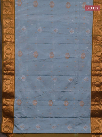 Semi soft silk saree pastel blue and mustard yellow with allover silver & gold zari stripes & buttas and zari woven border