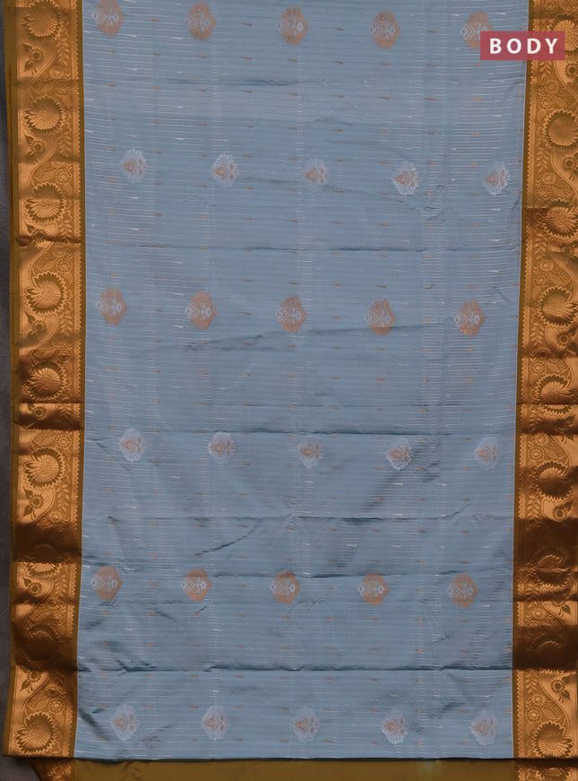 Semi soft silk saree pastel blue and mustard yellow with allover silver & gold zari stripes & buttas and zari woven border