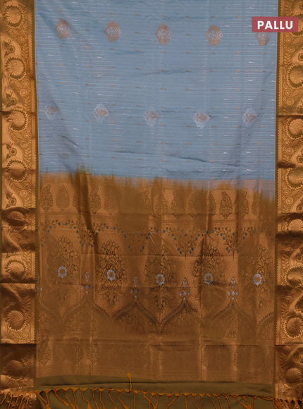 Semi soft silk saree pastel blue and mustard yellow with allover silver & gold zari stripes & buttas and zari woven border