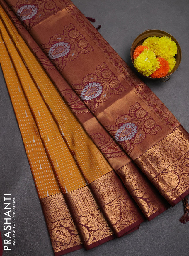 Semi soft silk saree mustard yellow and maroon with allover silver & gold zari stripes & buttas and zari woven border