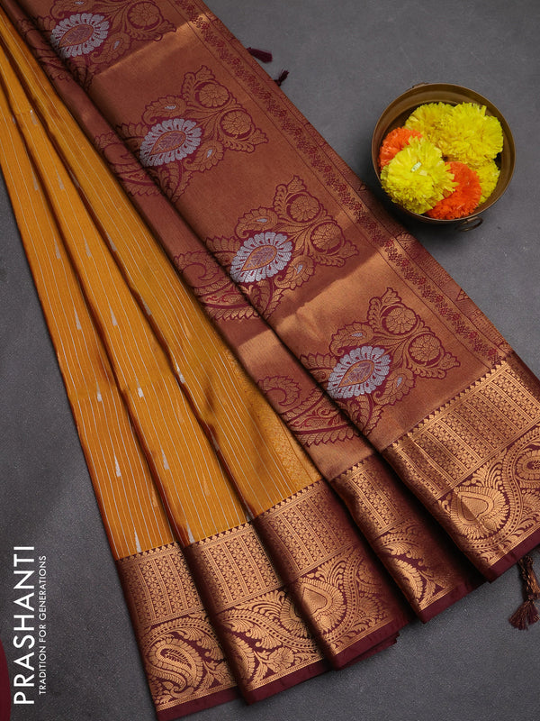 Semi soft silk saree mustard yellow and maroon with allover silver & gold zari stripes & buttas and zari woven border