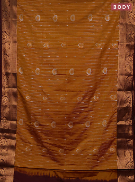 Semi soft silk saree mustard yellow and maroon with allover silver & gold zari stripes & buttas and zari woven border