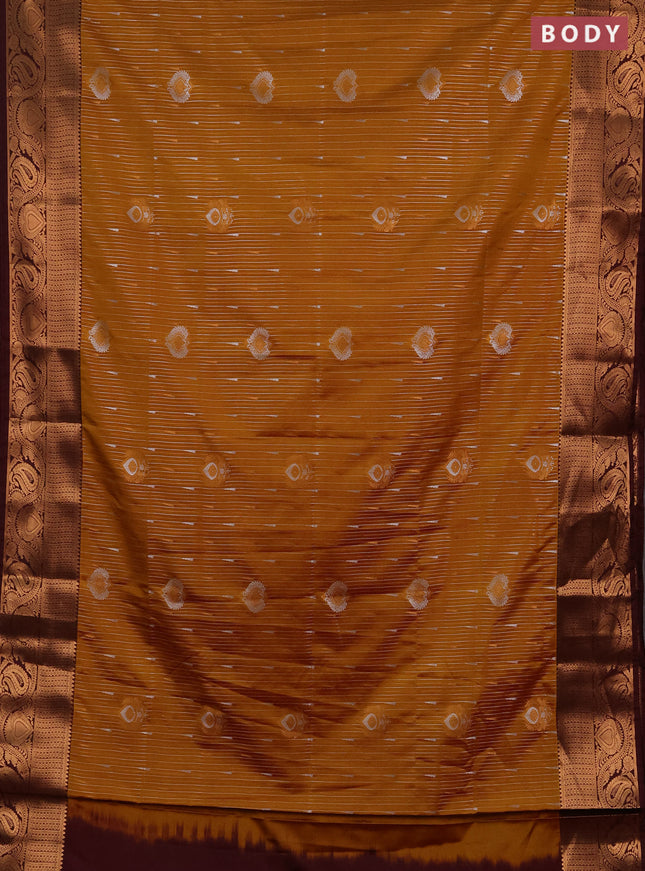 Semi soft silk saree mustard yellow and maroon with allover silver & gold zari stripes & buttas and zari woven border