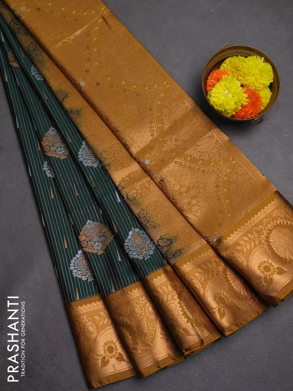 Semi soft silk saree bottle green and dark mustard with allover silver & gold zari stripes & buttas and zari woven border