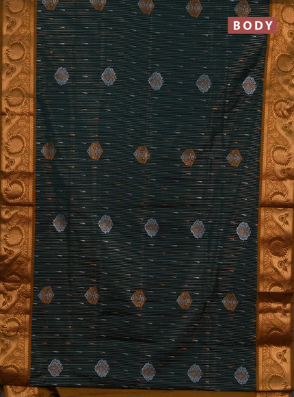 Semi soft silk saree bottle green and dark mustard with allover silver & gold zari stripes & buttas and zari woven border
