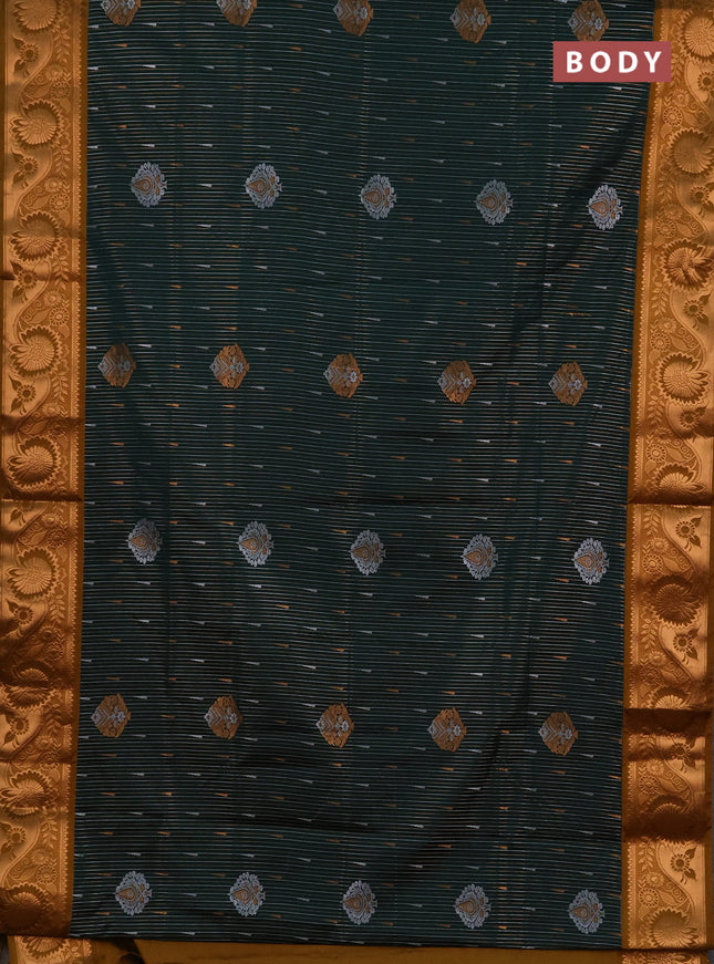 Semi soft silk saree bottle green and dark mustard with allover silver & gold zari stripes & buttas and zari woven border