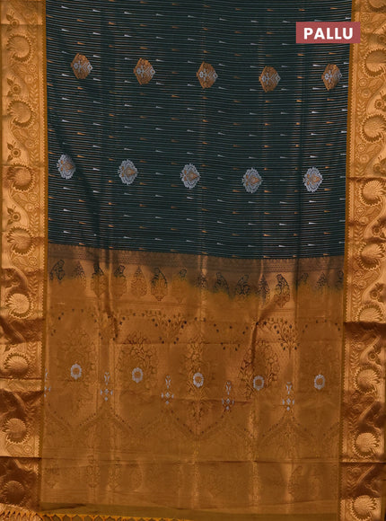 Semi soft silk saree bottle green and dark mustard with allover silver & gold zari stripes & buttas and zari woven border