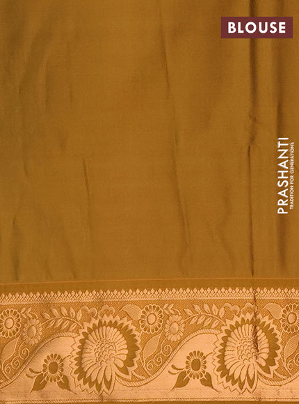 Semi soft silk saree bottle green and dark mustard with allover silver & gold zari stripes & buttas and zari woven border