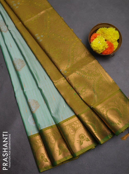 Semi soft silk saree pastel green and lime green with allover silver & gold zari stripes & buttas and zari woven border