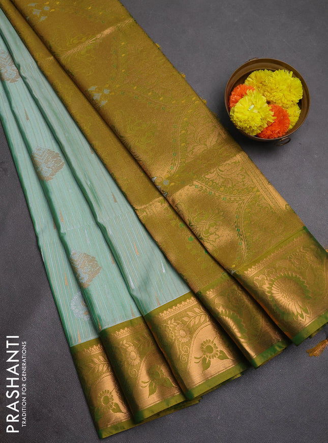 Semi soft silk saree pastel green and lime green with allover silver & gold zari stripes & buttas and zari woven border