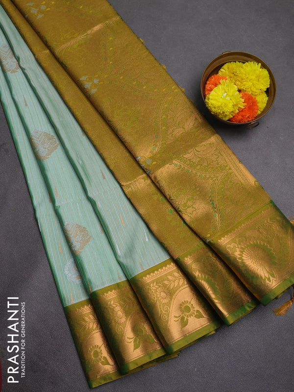Semi soft silk saree pastel green and lime green with allover silver & gold zari stripes & buttas and zari woven border
